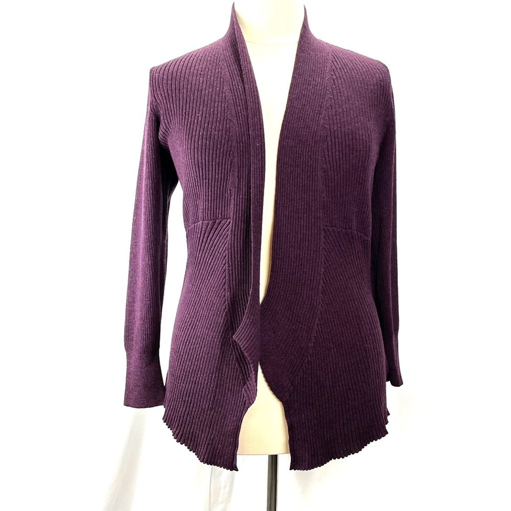 Eileen Fisher Italian Merino Wool Ribbed Purple Cardigan Sweater, Women's Large